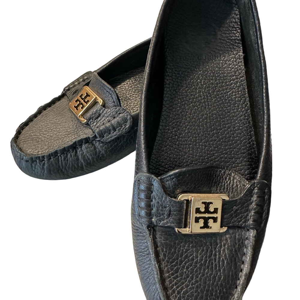 Tory Burch Black Leather Loafers with Gold Logo